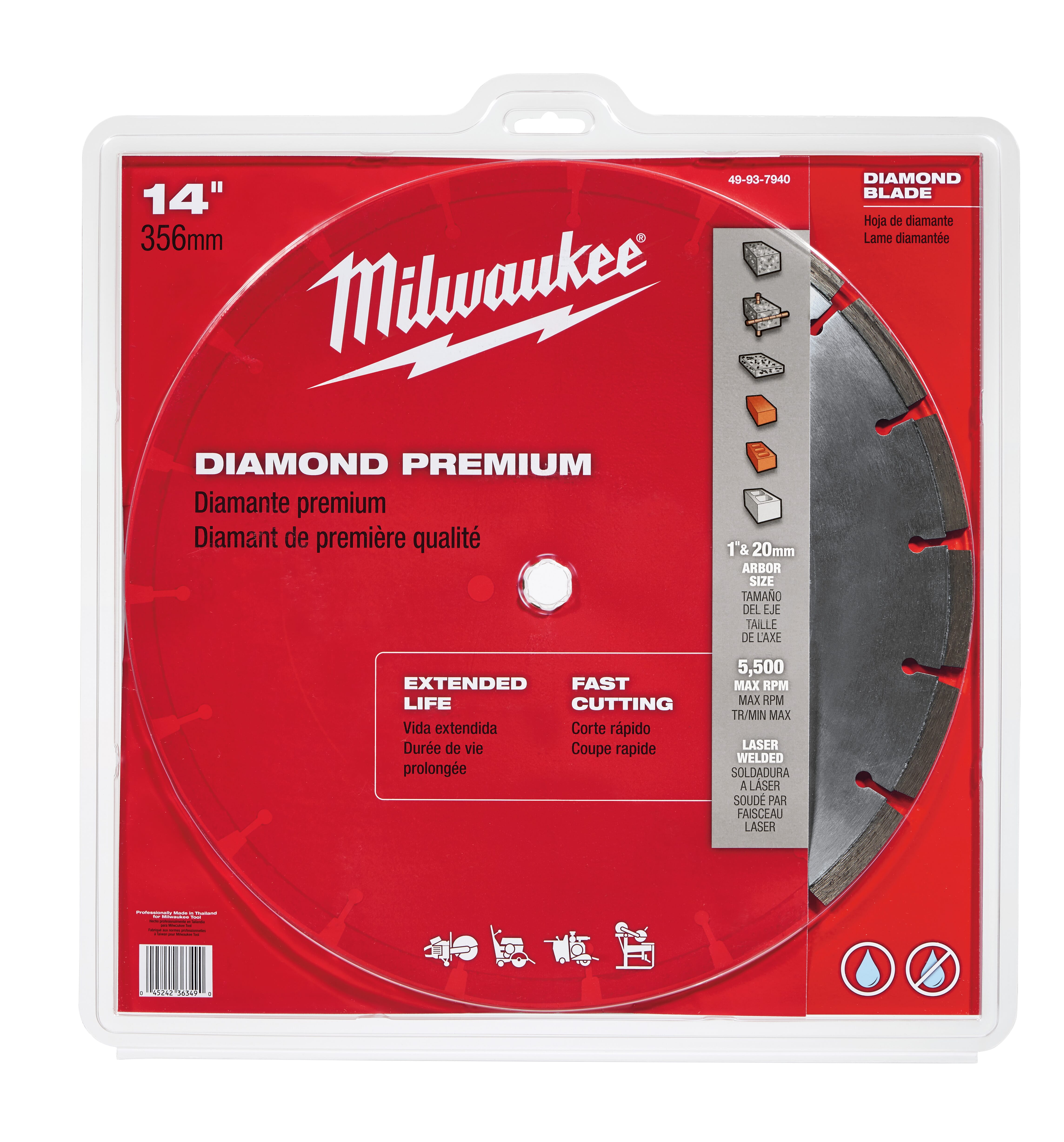 Milwaukee® 49-93-7940 Premium Segmented Circular Diamond Saw Blade, 14 in Dia Blade, 1 in, 20 mm Arbor/Shank, Dry/Wet Cutting